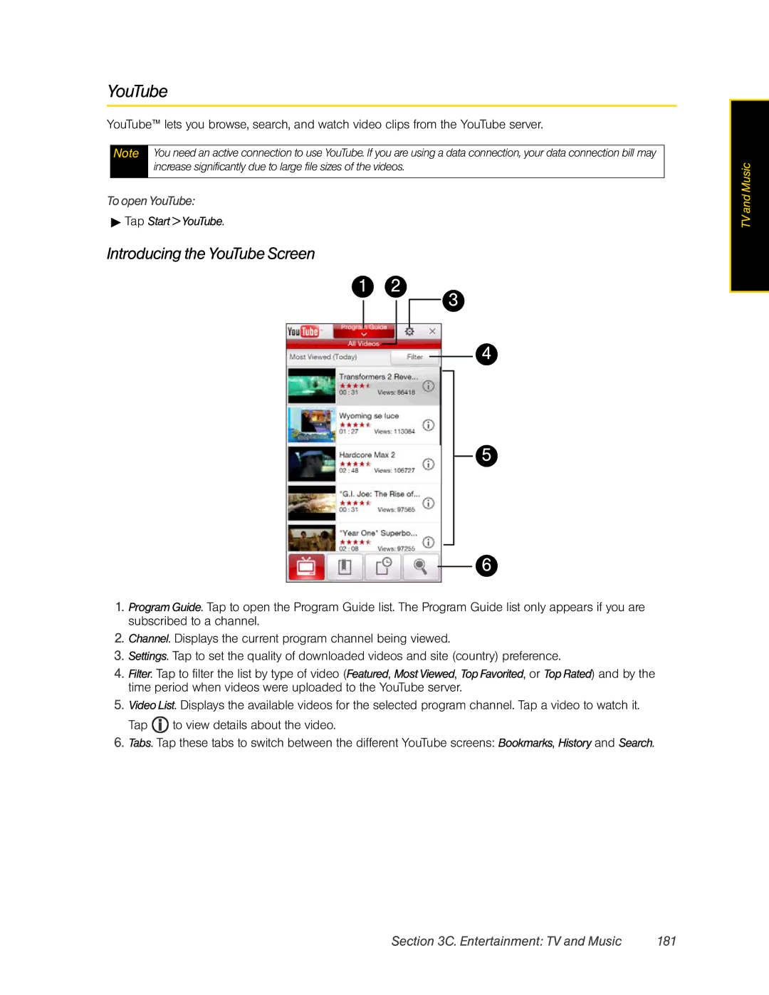 HTC RHOD400 manual Introducing the YouTube Screen, Entertainment TV and Music 181, To open YouTube,  Tap Start YouTube 