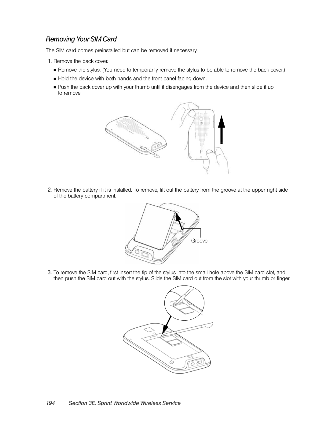 HTC RHOD400 manual Removing Your SIM Card, Sprint Worldwide Wireless Service 