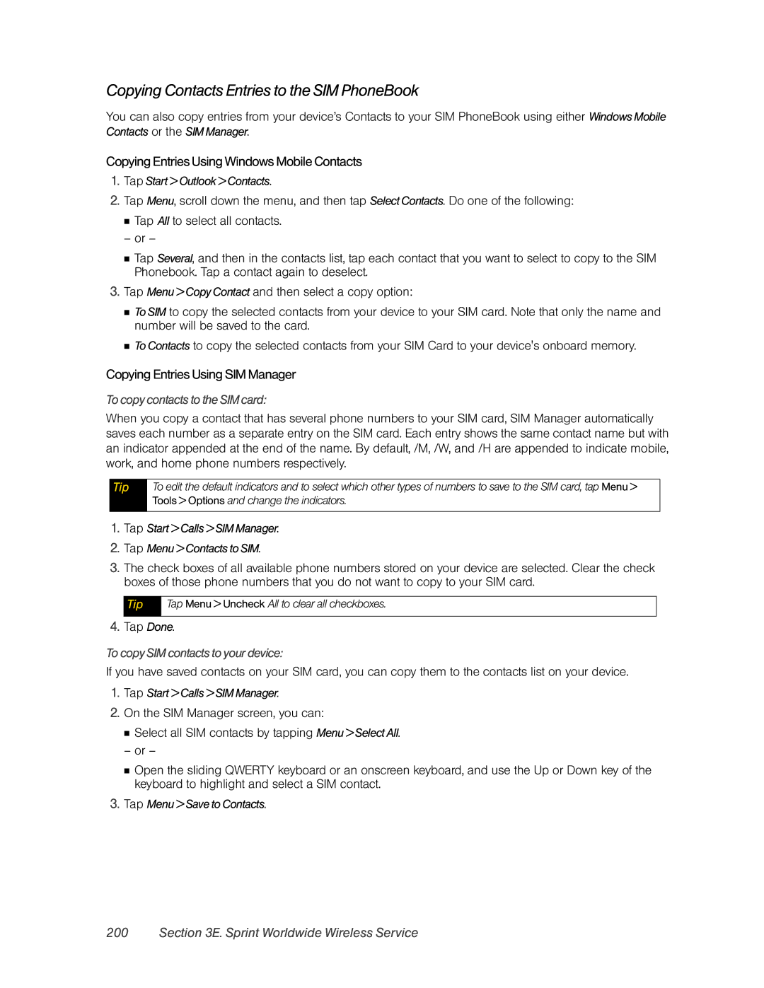 HTC RHOD400 manual Copying Contacts Entries to the SIM PhoneBook, Copying Entries Using Windows Mobile Contacts 