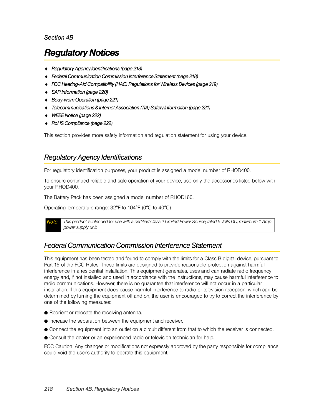 HTC RHOD400 Regulatory Notices, Regulatory Agency Identifications, Federal Communication Commission Interference Statement 