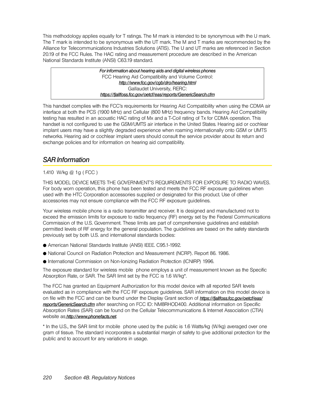 HTC RHOD400 manual SAR Information, Https//fjallfoss.fcc.gov/oetcf/eas/reports/GenericSearch.cfm 