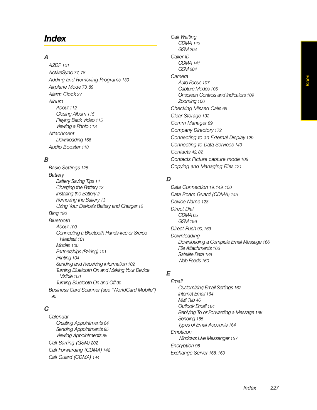 HTC RHOD400 manual Index 