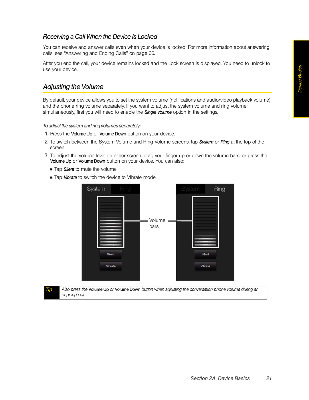 HTC RHOD400 manual Adjusting the Volume, Receiving a Call When the Device Is Locked 