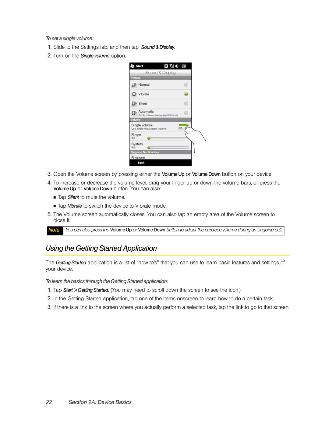 HTC RHOD400 manual Using the Getting Started Application, To set a single volume 