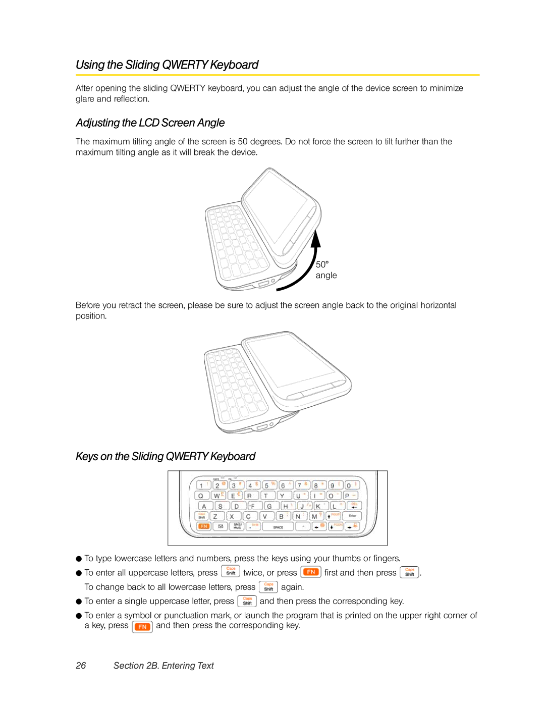 HTC RHOD400 manual Using the Sliding Qwerty Keyboard, Adjusting the LCD Screen Angle, Keys on the Sliding Qwerty Keyboard 