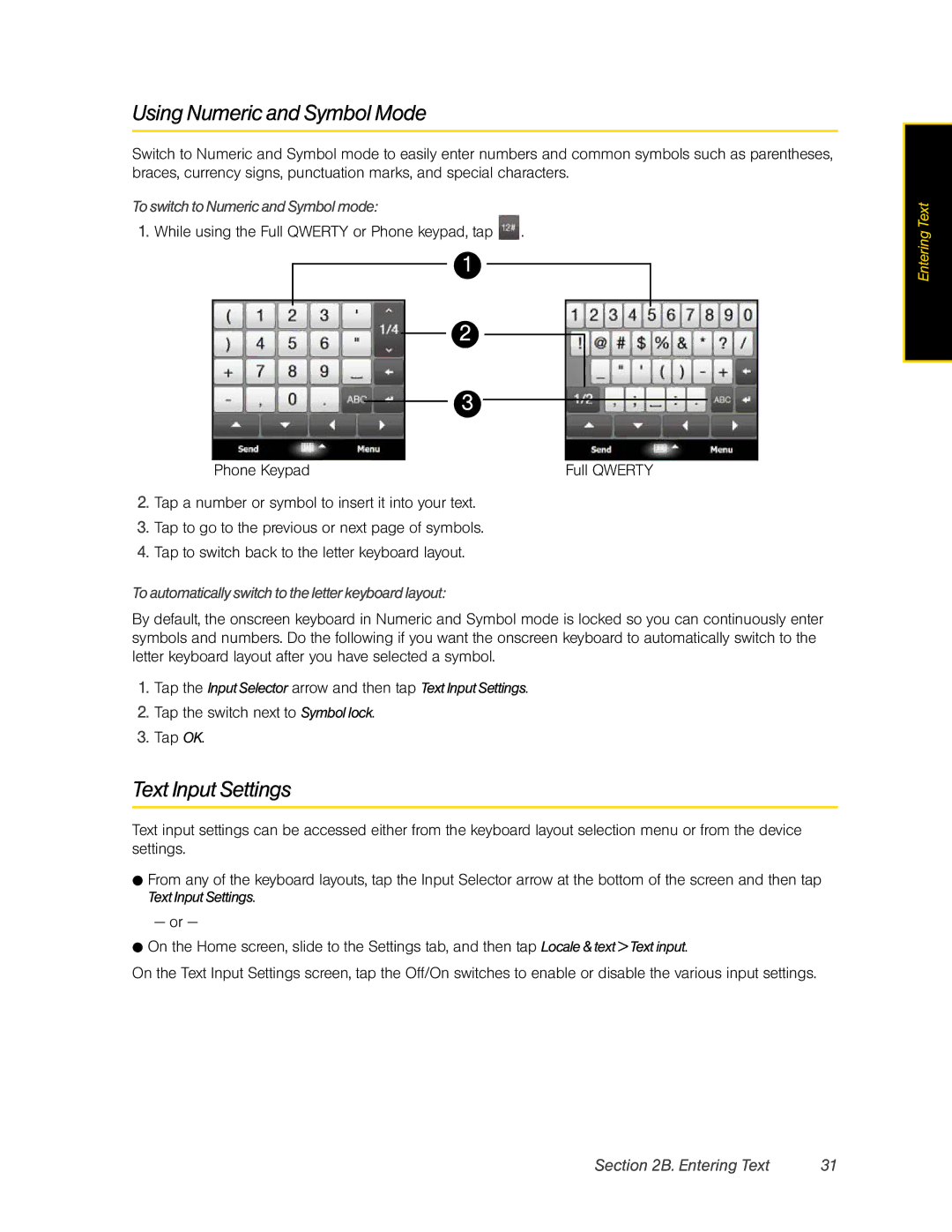 HTC RHOD400 manual Using Numeric and Symbol Mode, Text Input Settings, To switch to Numeric and Symbol mode 