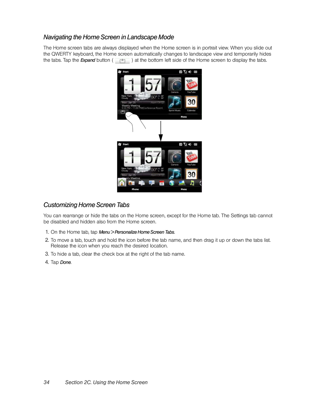 HTC RHOD400 manual Navigating the Home Screen in Landscape Mode, Customizing Home Screen Tabs 
