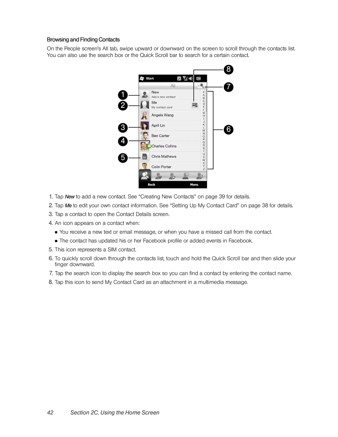 HTC RHOD400 manual Browsing and Finding Contacts 