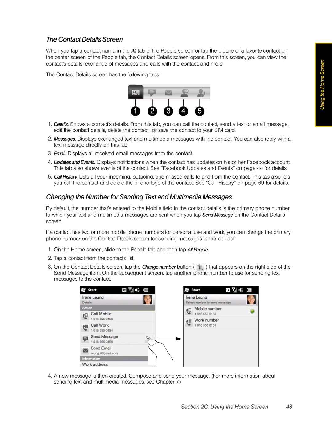 HTC RHOD400 manual Contact Details Screen, Changing the Number for Sending Text and Multimedia Messages 