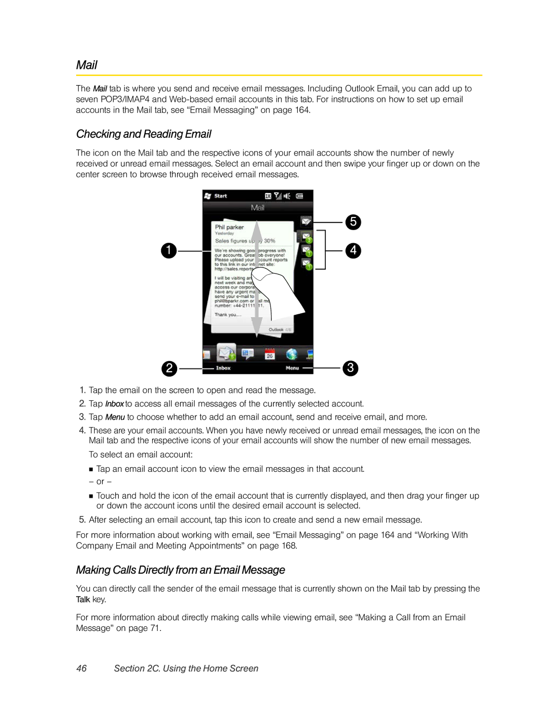 HTC RHOD400 manual Mail, Checking and Reading Email, Making Calls Directly from an Email Message 