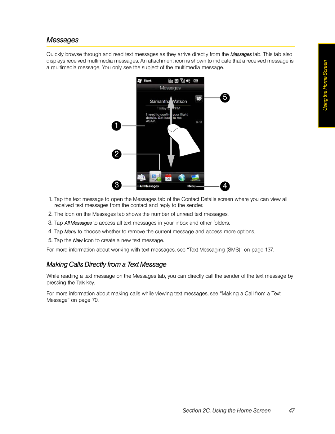 HTC RHOD400 manual Messages, Making Calls Directly from a Text Message 