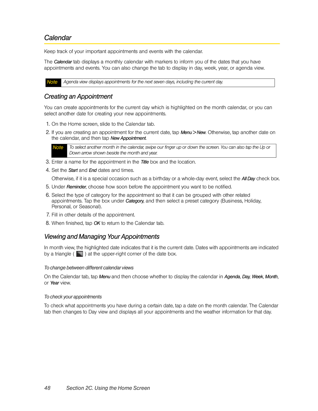 HTC RHOD400 manual Calendar, Creating an Appointment, Viewing and Managing Your Appointments, To check your appointments 