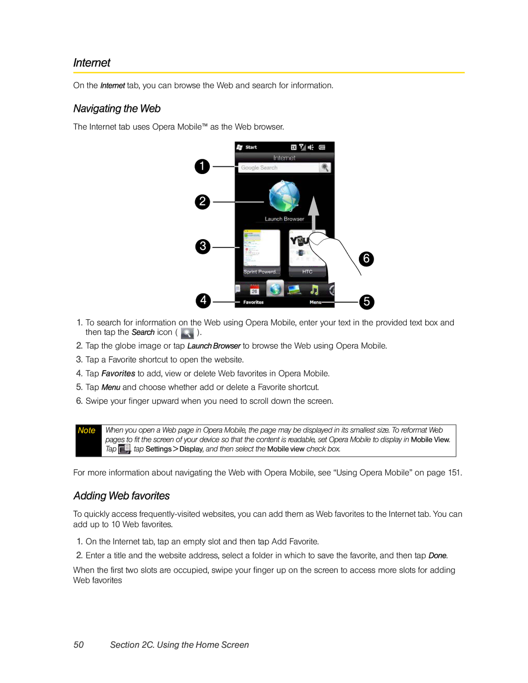 HTC RHOD400 manual Internet, Navigating the Web, Adding Web favorites 