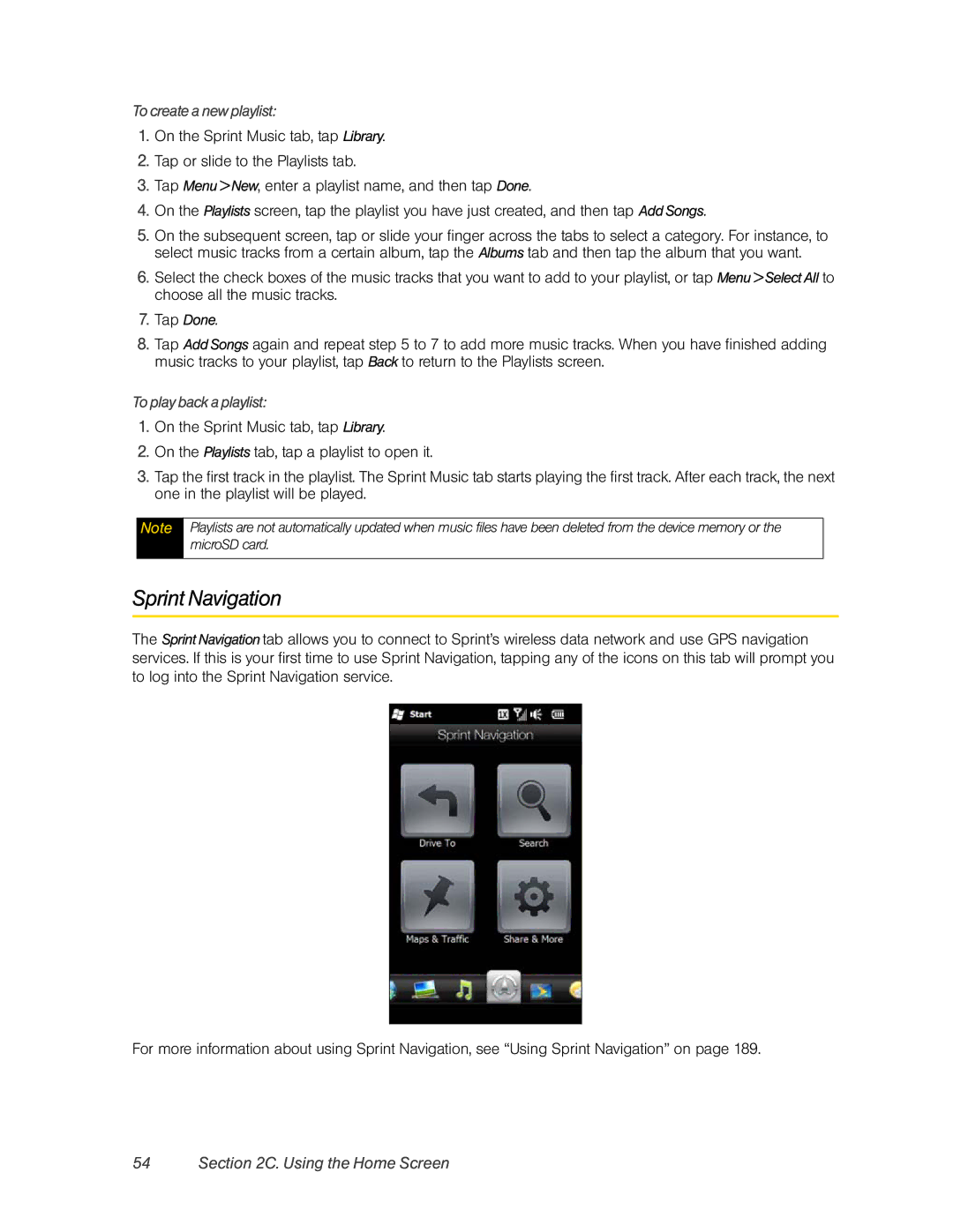 HTC RHOD400 manual Sprint Navigation, To create a new playlist, To play back a playlist 