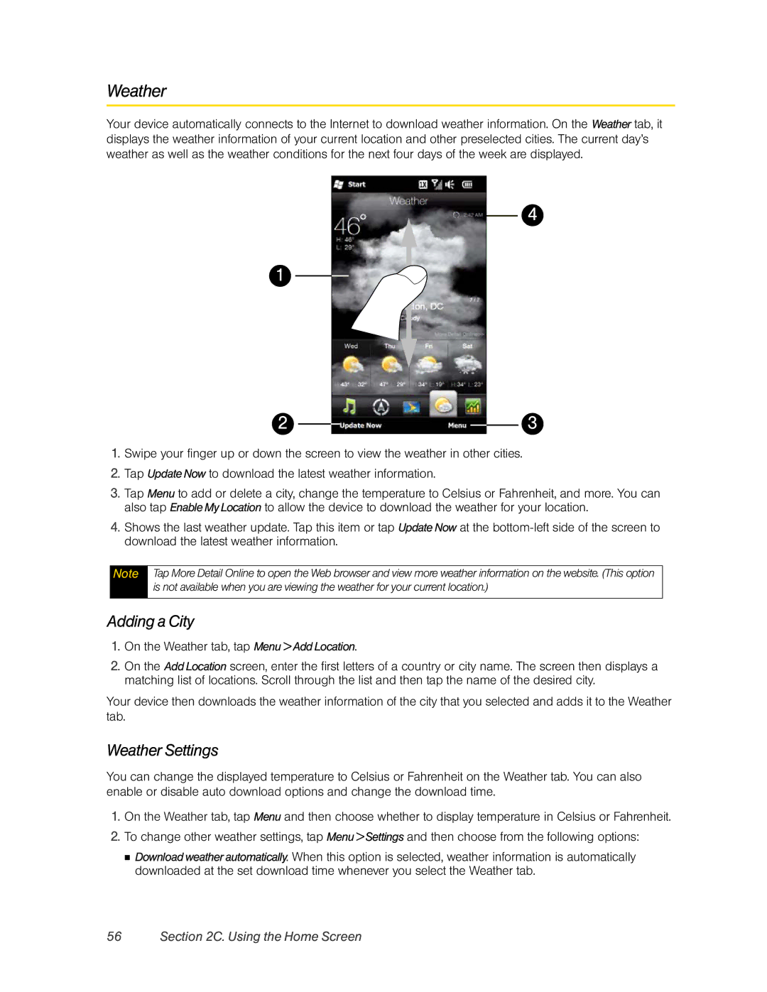 HTC RHOD400 manual Adding a City, Weather Settings 