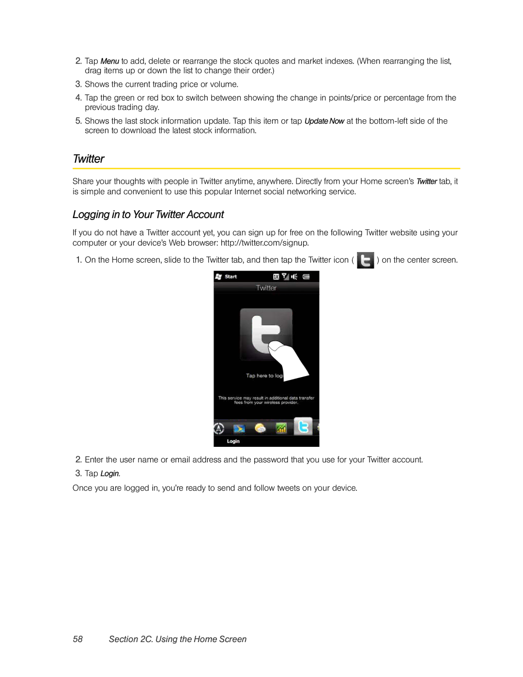 HTC RHOD400 manual Logging in to Your Twitter Account 