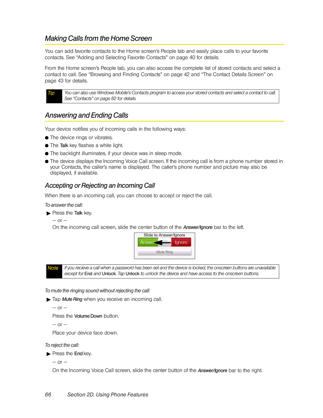 HTC RHOD400 manual To mute the ringing sound without rejecting the call, To reject the call 