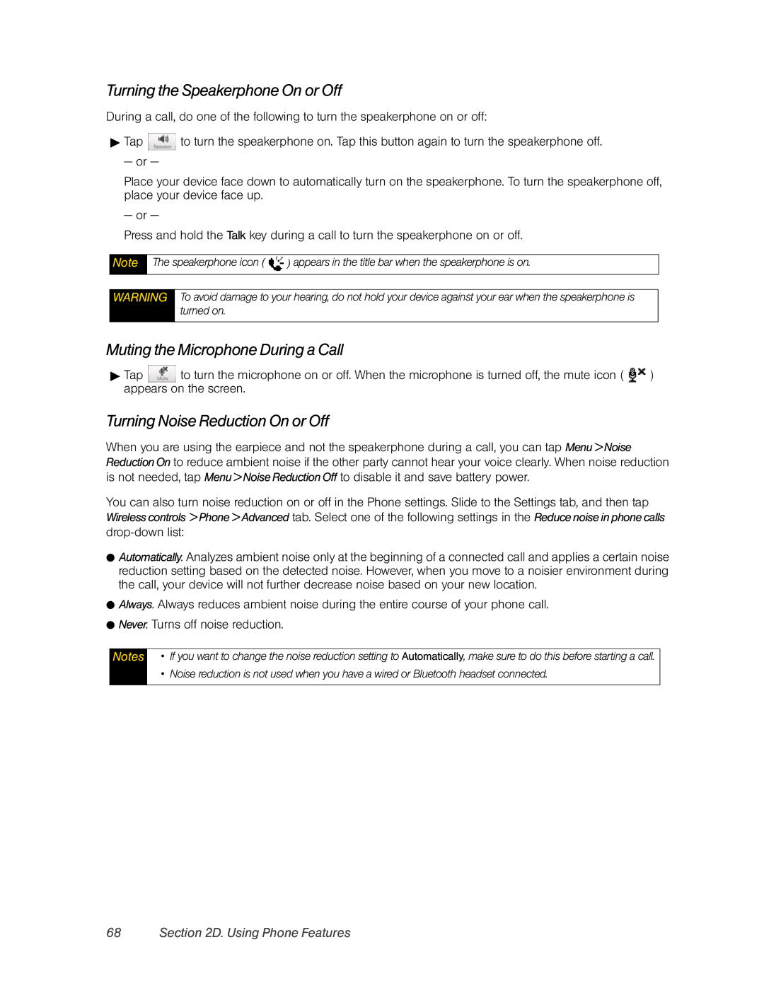 HTC RHOD400 Turning the Speakerphone On or Off, Muting the Microphone During a Call, Turning Noise Reduction On or Off 