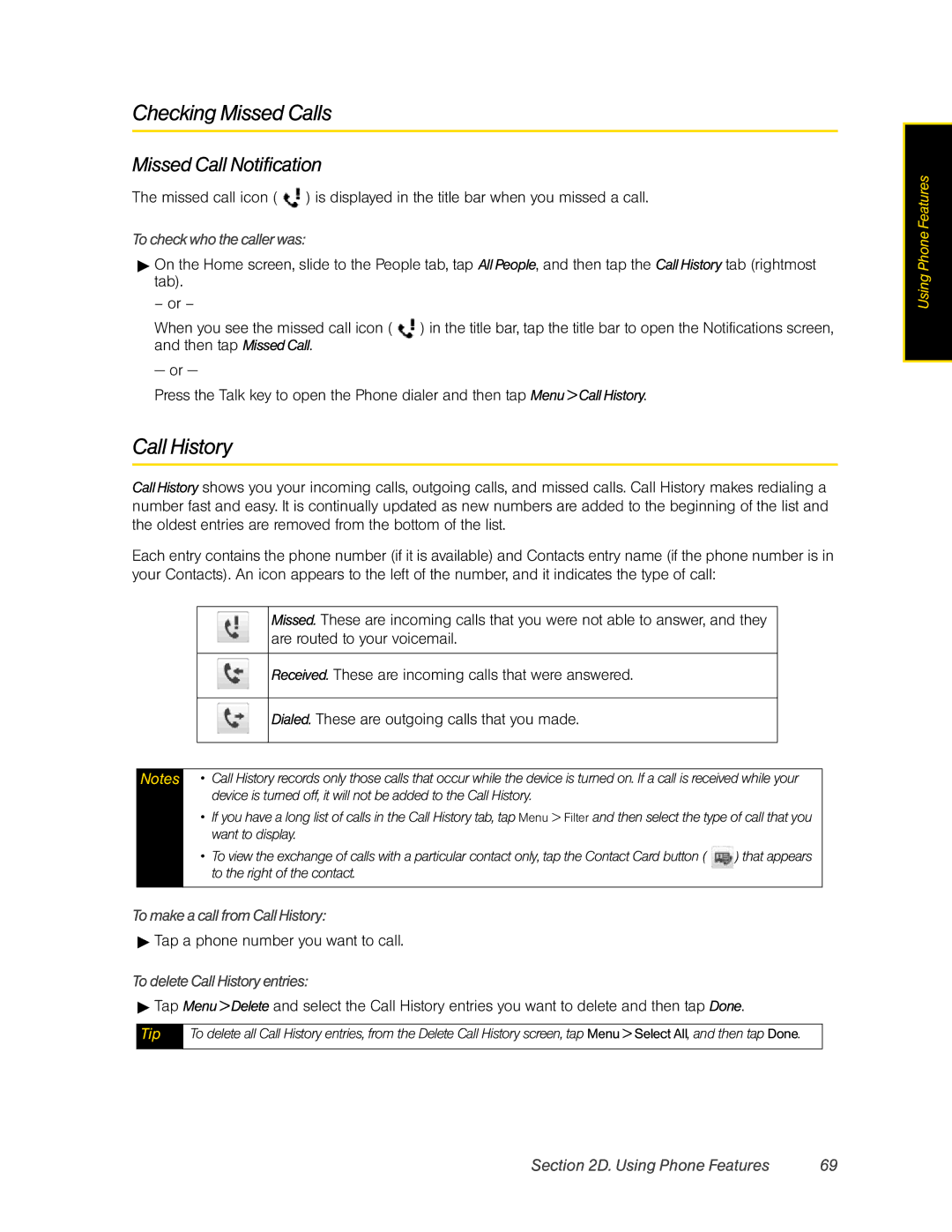 HTC RHOD400 manual Checking Missed Calls, Call History, Missed Call Notification 