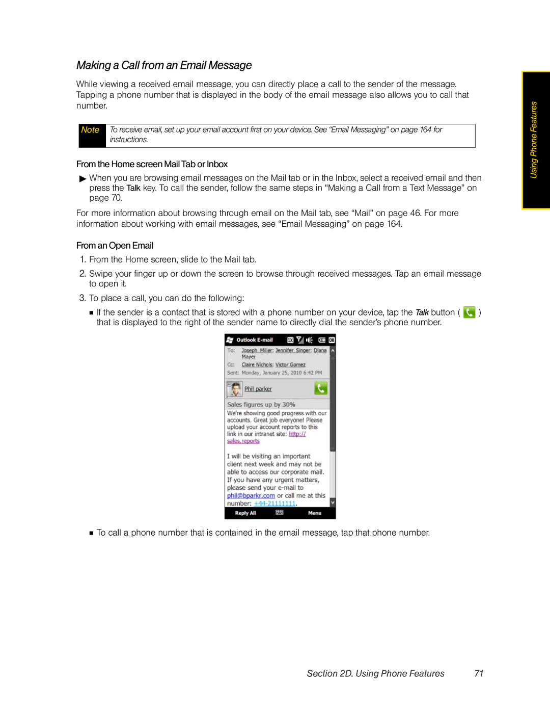 HTC RHOD400 manual Making a Call from an Email Message, From the Home screen Mail Tab or Inbox, From an Open Email 