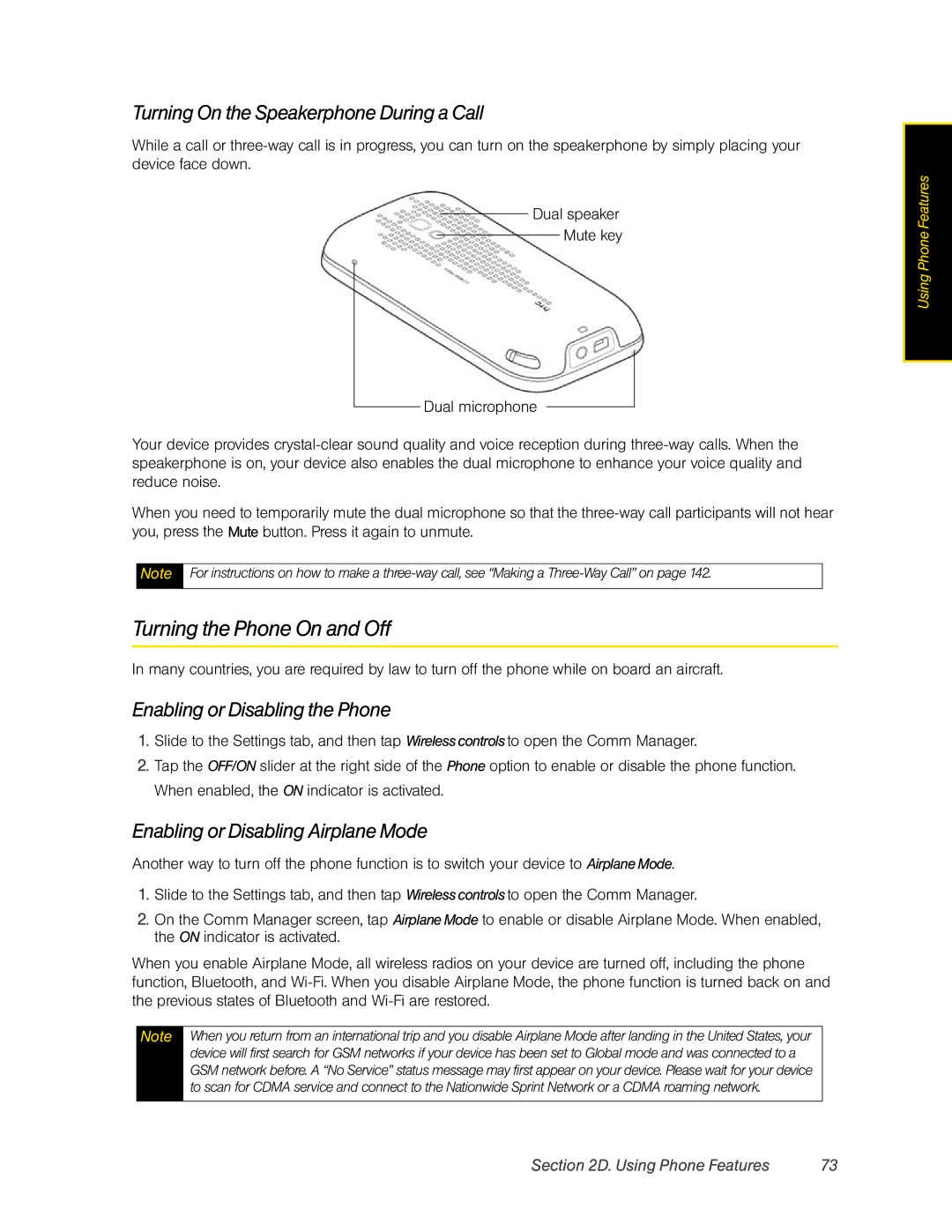 HTC RHOD400 manual Turning the Phone On and Off, Turning On the Speakerphone During a Call, Enabling or Disabling the Phone 