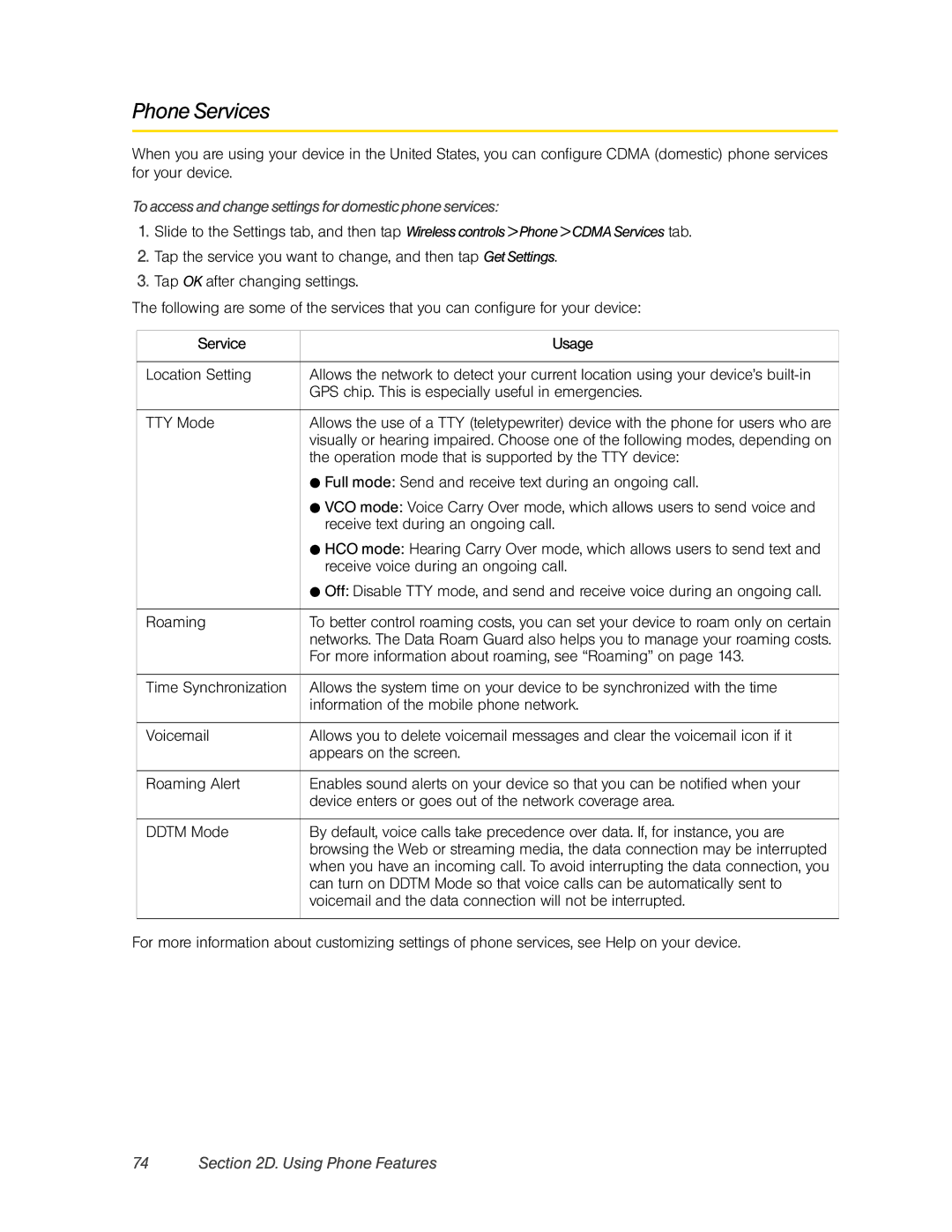 HTC RHOD400 manual Phone Services, To access and change settings for domestic phone services 