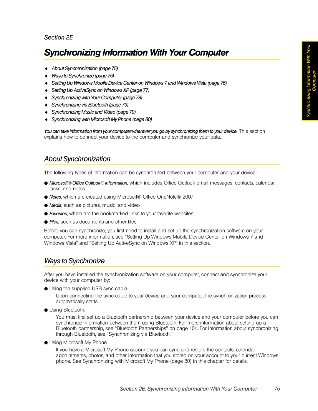 HTC RHOD400 manual Synchronizing Information With Your Computer, About Synchronization, Ways to Synchronize 