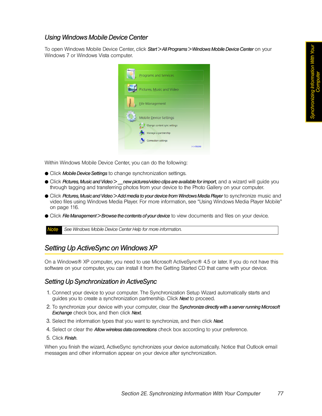 HTC RHOD400 manual Setting Up ActiveSync on Windows XP, Using Windows Mobile Device Center 