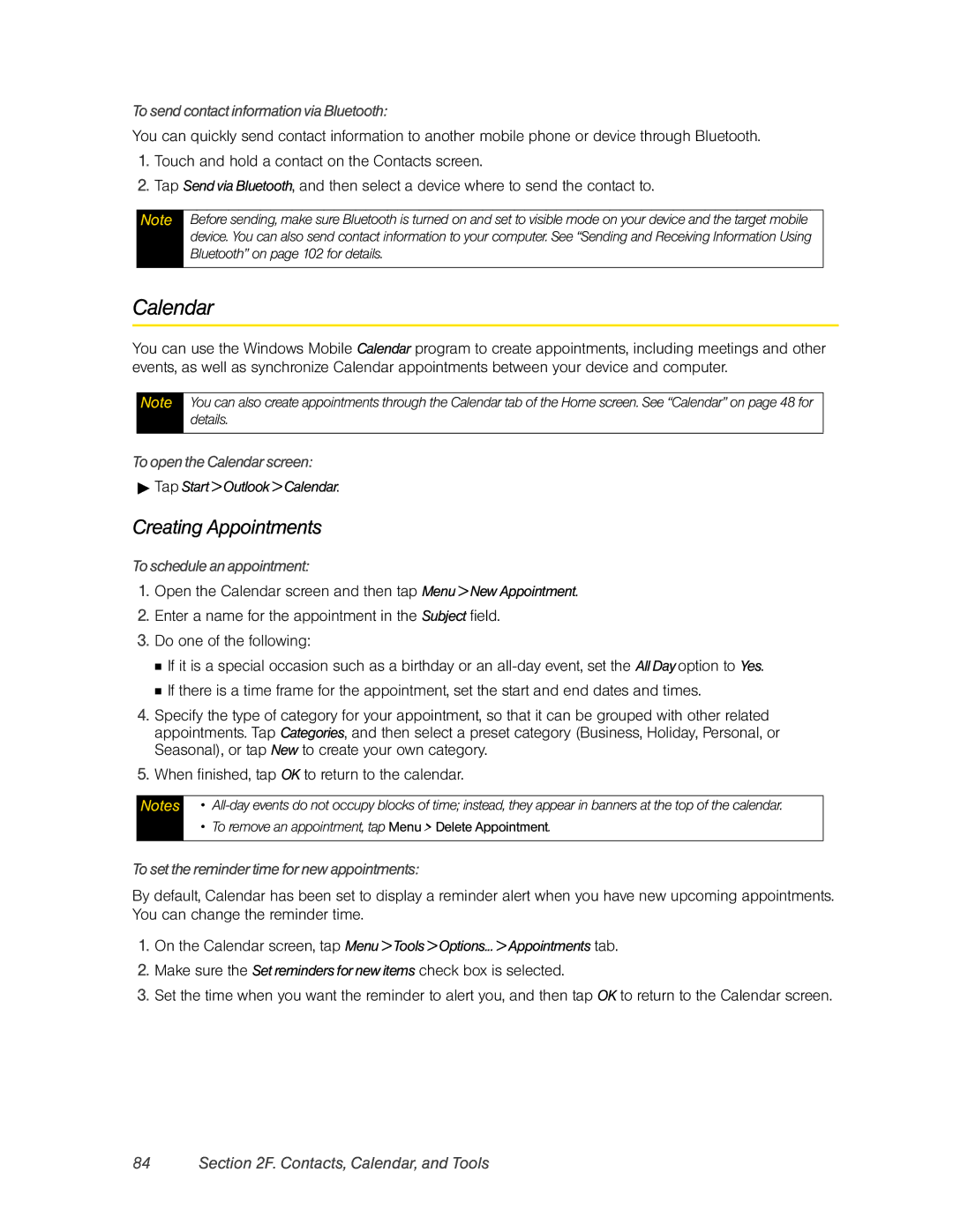 HTC RHOD400 manual Creating Appointments, To send contact information via Bluetooth, To open the Calendar screen 