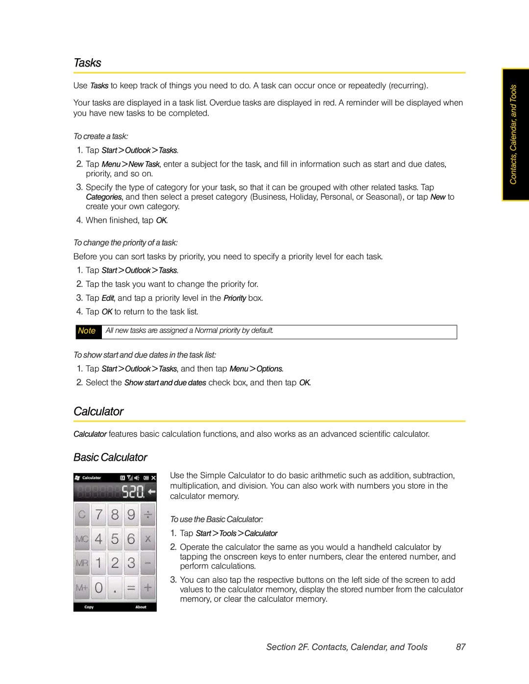 HTC RHOD400 manual Tasks, Basic Calculator 