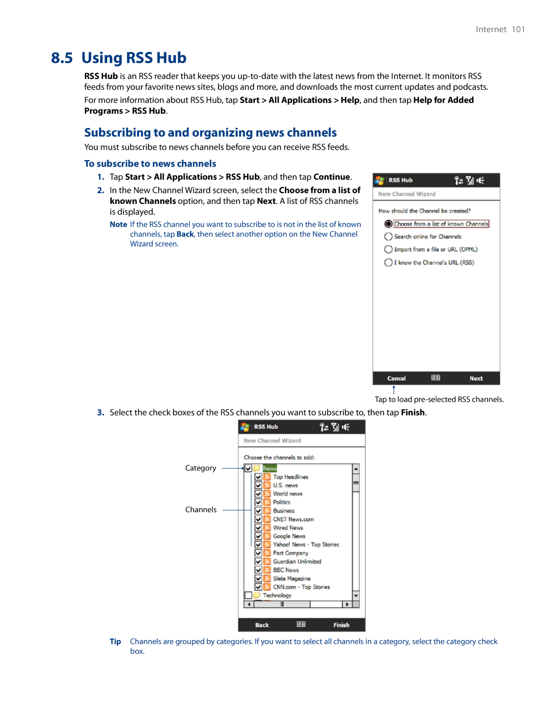 HTC RHOD500 user manual Using RSS Hub, Subscribing to and organizing news channels, To subscribe to news channels 