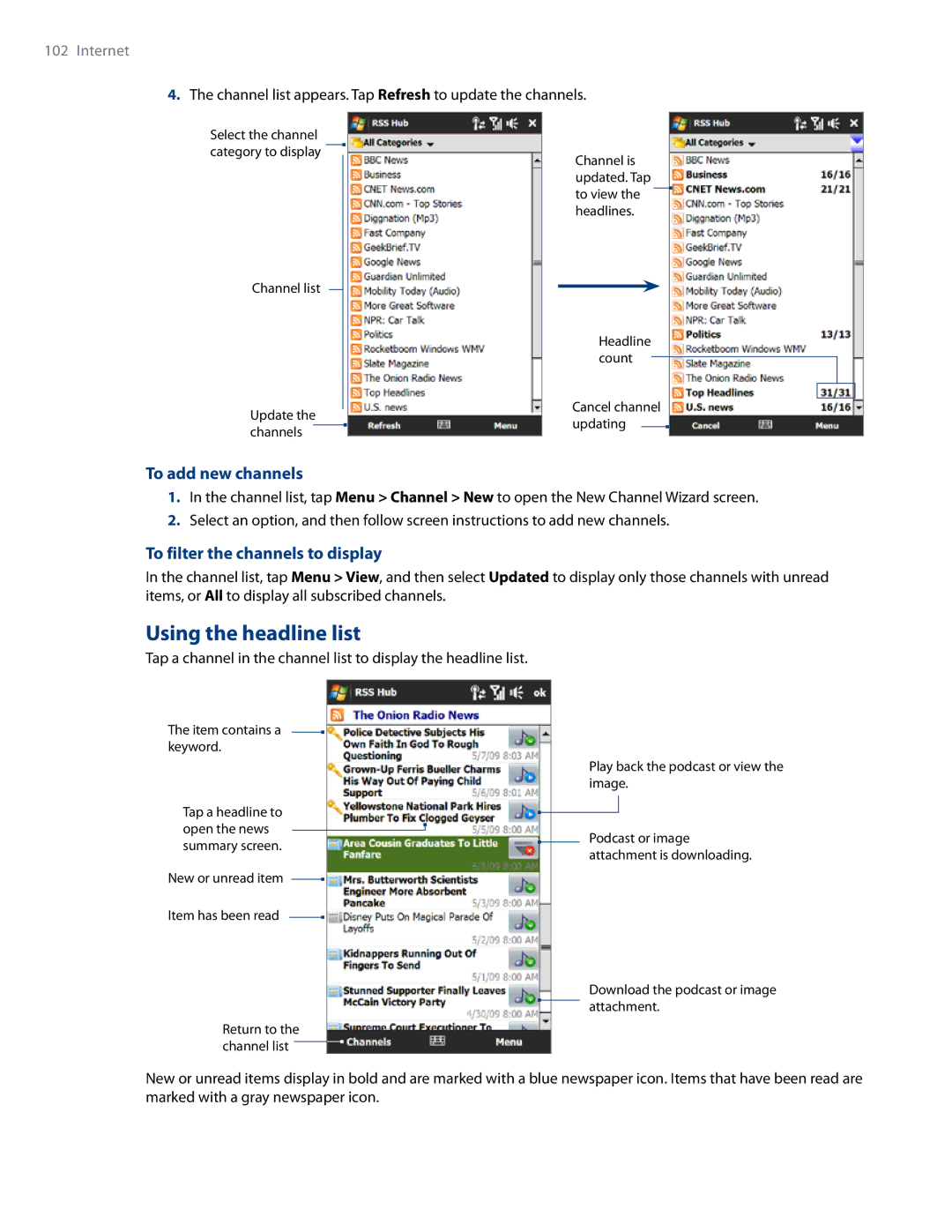 HTC RHOD500 user manual Using the headline list, To add new channels, To filter the channels to display 