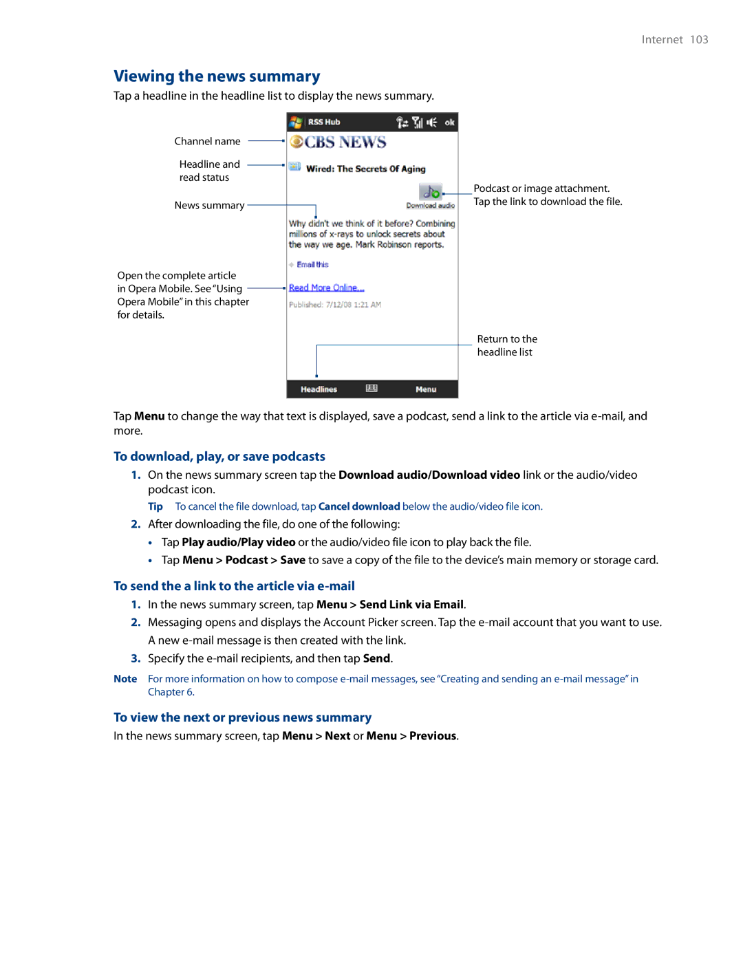 HTC RHOD500 Viewing the news summary, To download, play, or save podcasts, To send the a link to the article via e-mail 