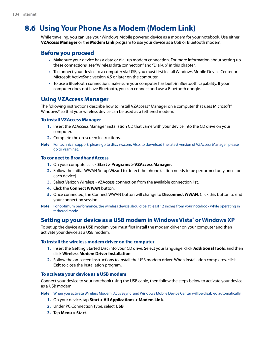 HTC RHOD500 user manual Using Your Phone As a Modem Modem Link, Before you proceed, Using VZAccess Manager 