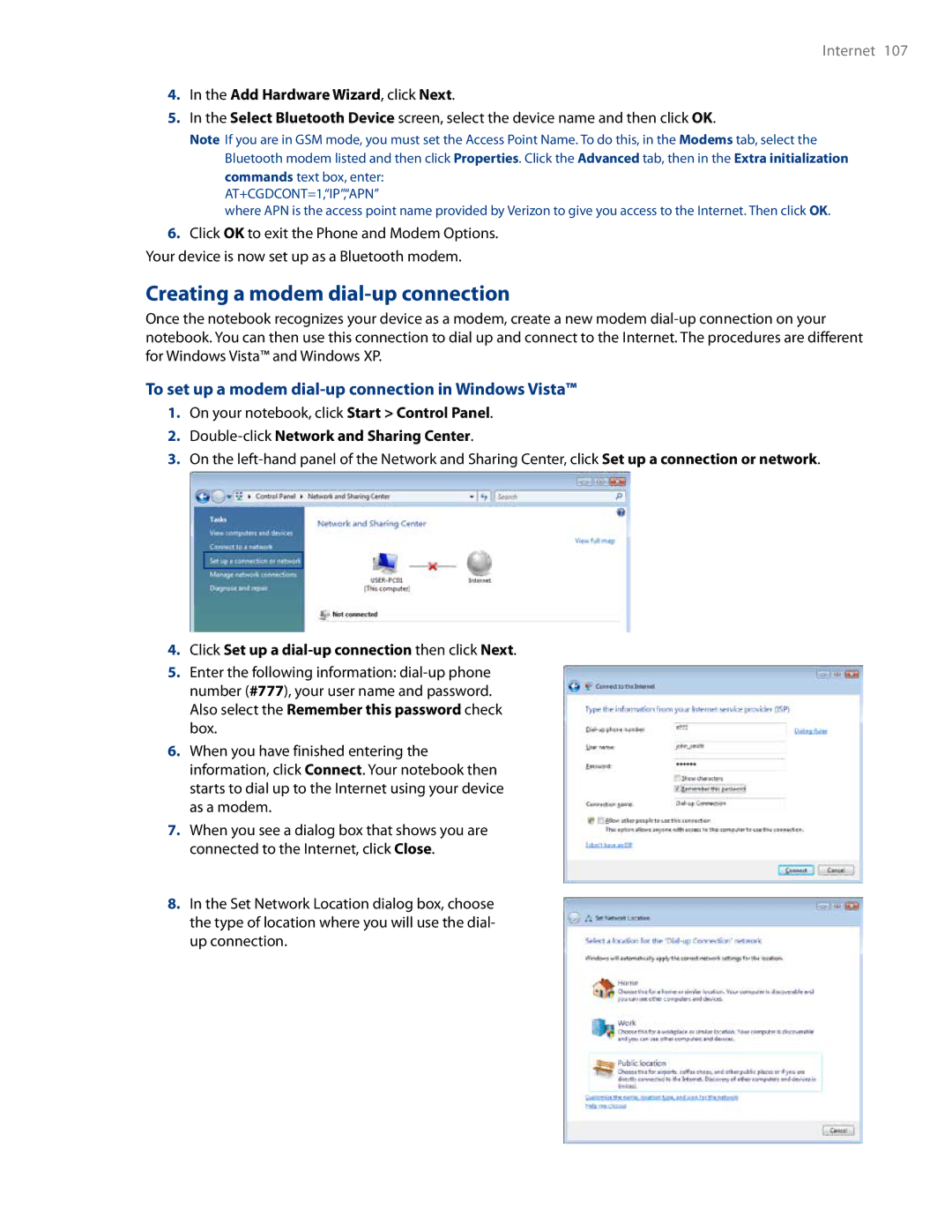 HTC RHOD500 user manual Creating a modem dial-up connection, To set up a modem dial-up connection in Windows Vista 