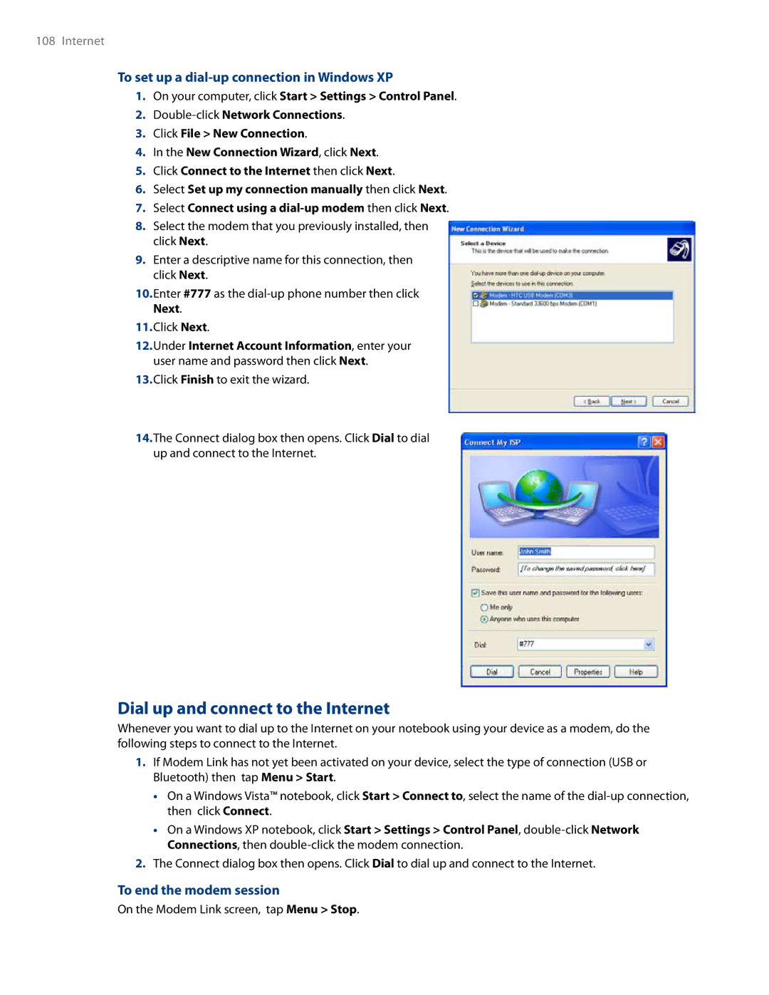 HTC RHOD500 Dial up and connect to the Internet, To set up a dial-up connection in Windows XP, To end the modem session 