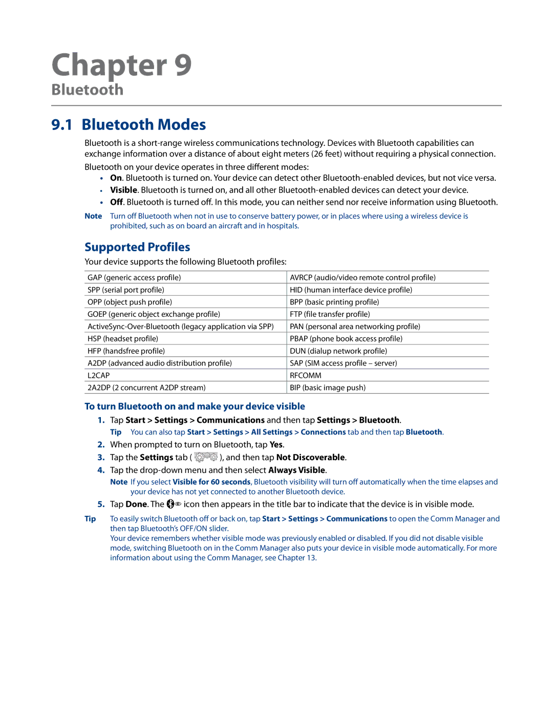 HTC RHOD500 user manual Bluetooth Modes, Supported Profiles, To turn Bluetooth on and make your device visible 