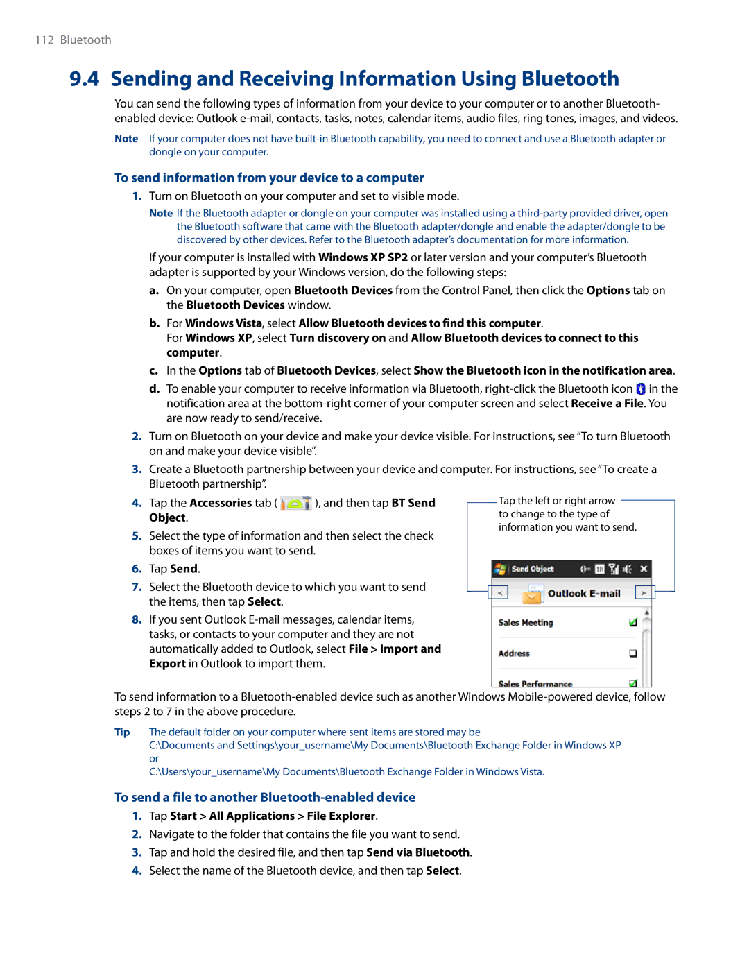 HTC RHOD500 Sending and Receiving Information Using Bluetooth, To send information from your device to a computer 