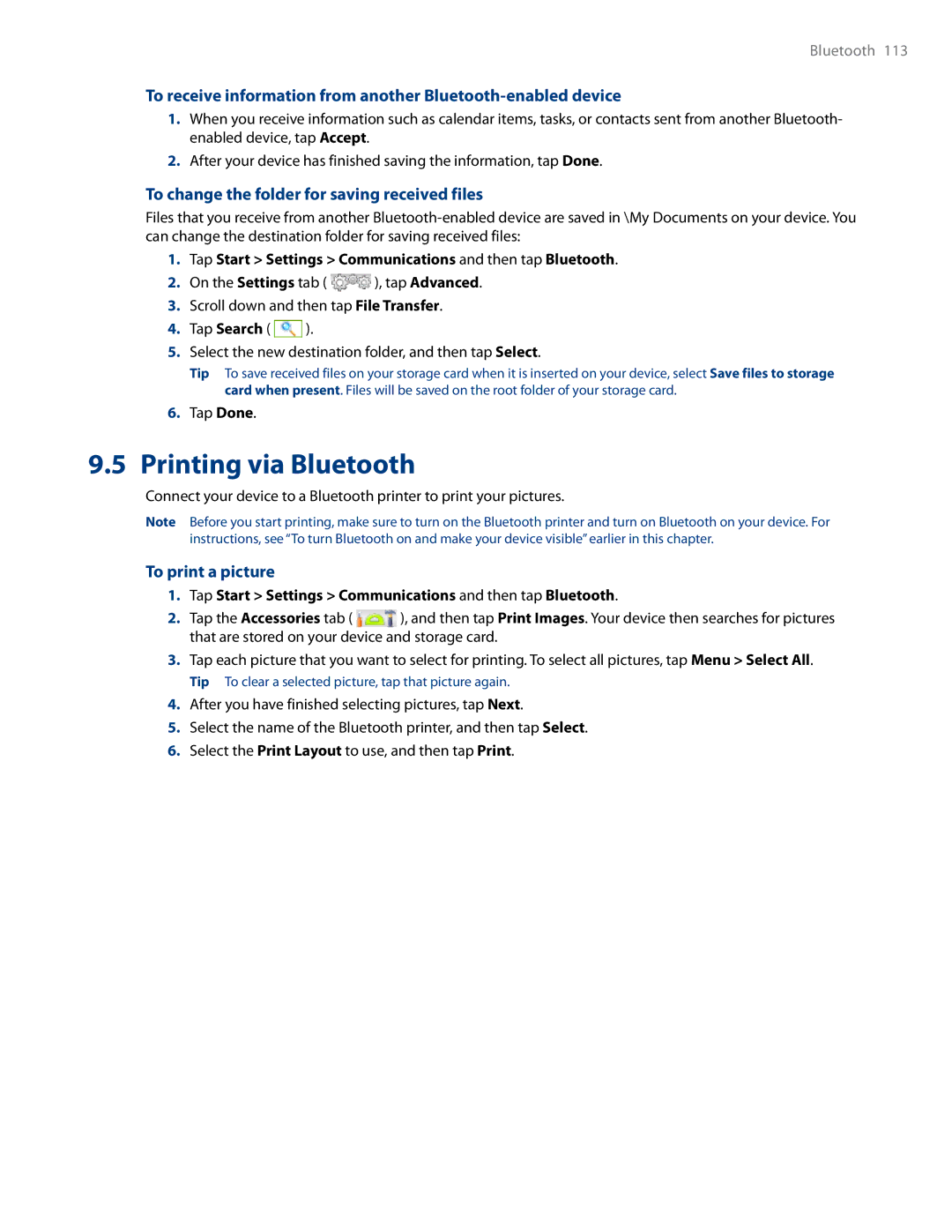 HTC RHOD500 user manual Printing via Bluetooth, To change the folder for saving received files, To print a picture 