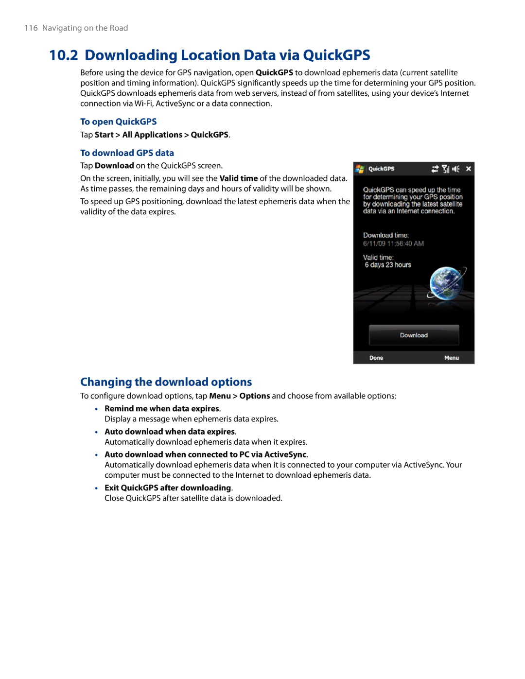 HTC RHOD500 Downloading Location Data via QuickGPS, Changing the download options, To open QuickGPS, To download GPS data 