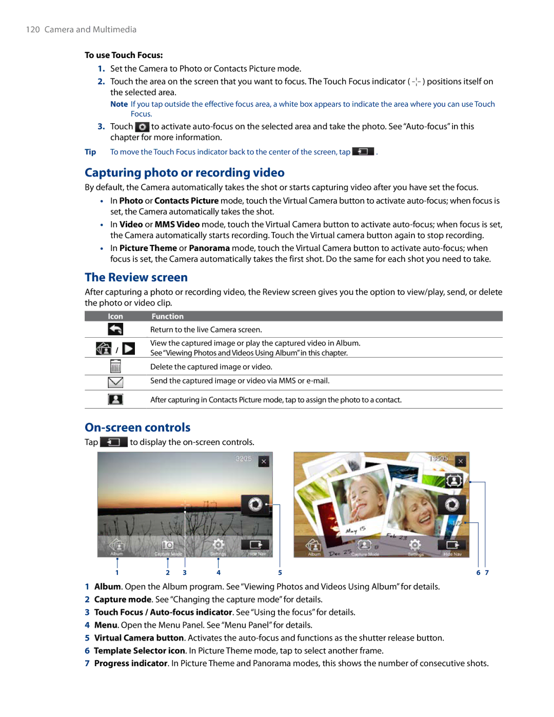 HTC RHOD500 user manual Capturing photo or recording video, Review screen, On-screen controls, To use Touch Focus 