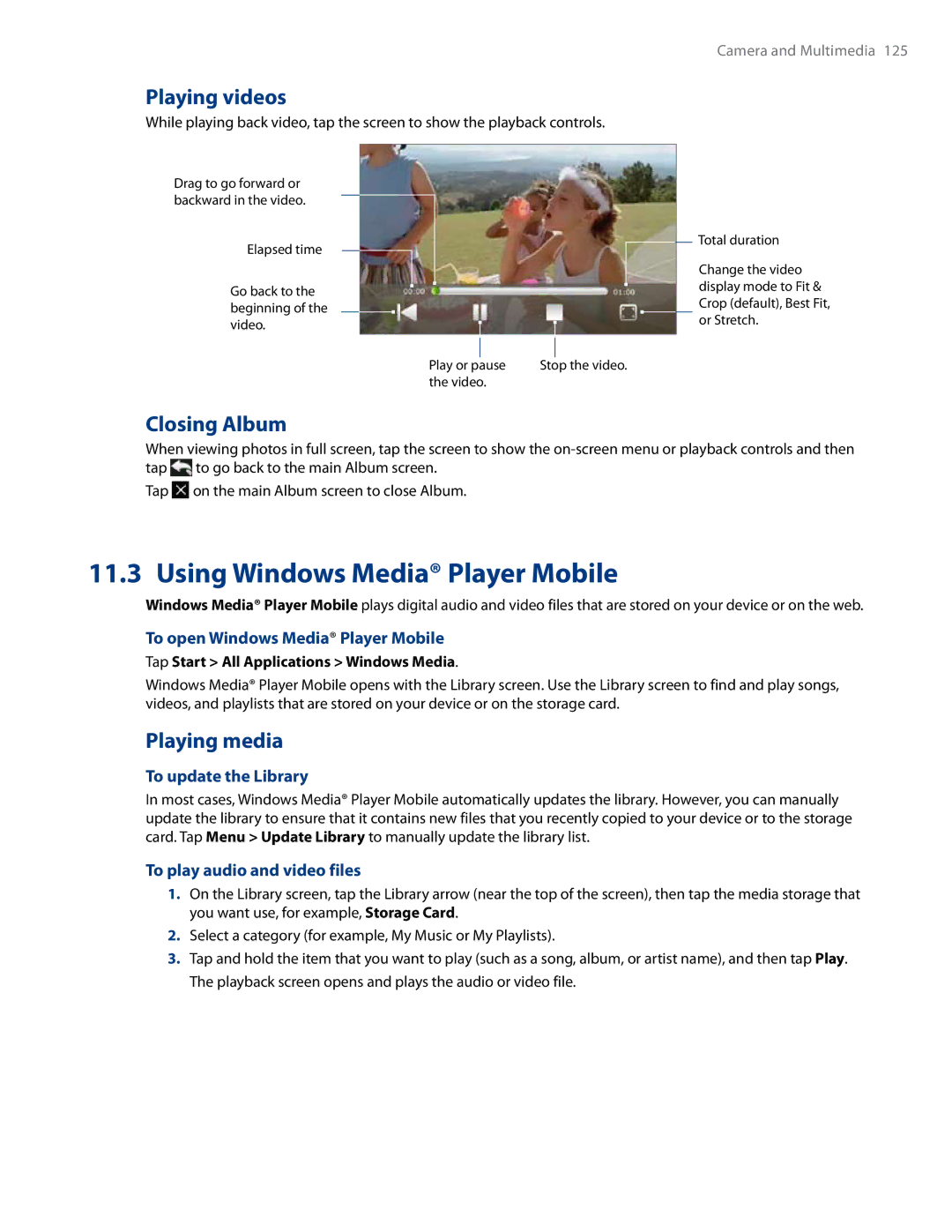 HTC RHOD500 user manual Using Windows Media Player Mobile, Playing videos, Closing Album, Playing media 