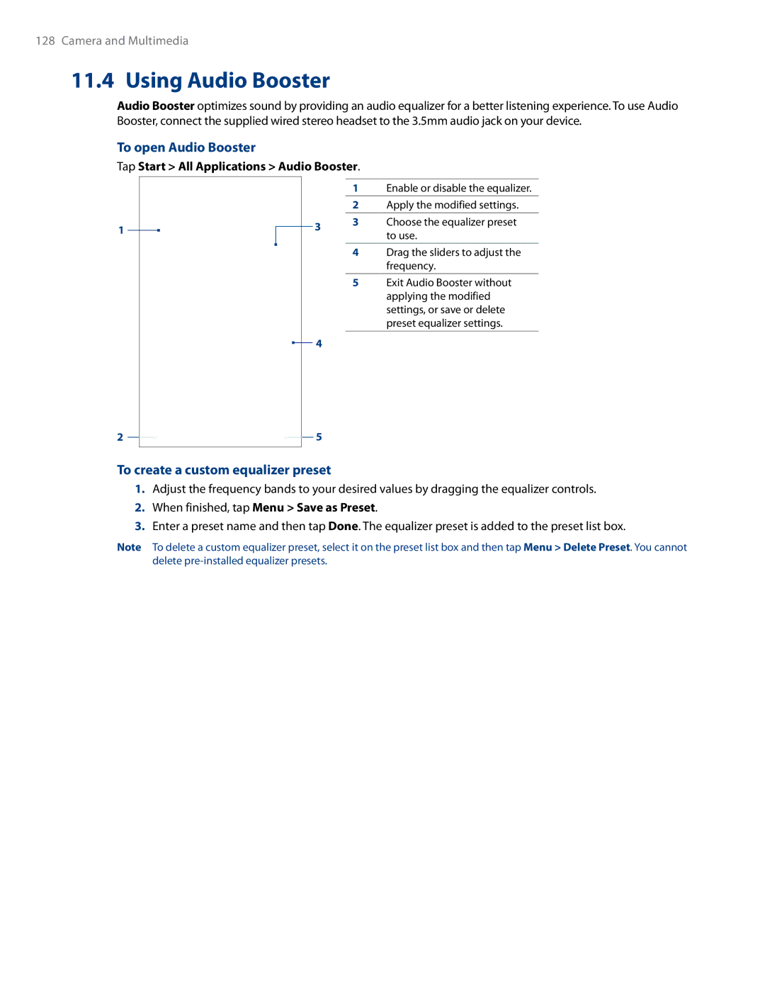 HTC RHOD500 user manual Using Audio Booster, To open Audio Booster, To create a custom equalizer preset 