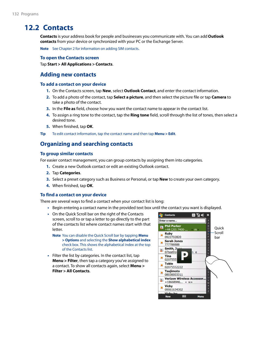 HTC RHOD500 user manual Contacts, Adding new contacts, Organizing and searching contacts 