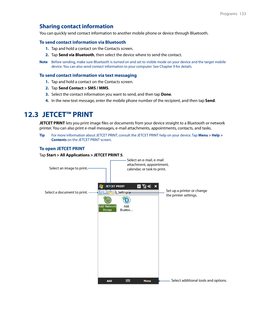 HTC RHOD500 user manual Sharing contact information, To send contact information via Bluetooth, To open Jetcet Print 