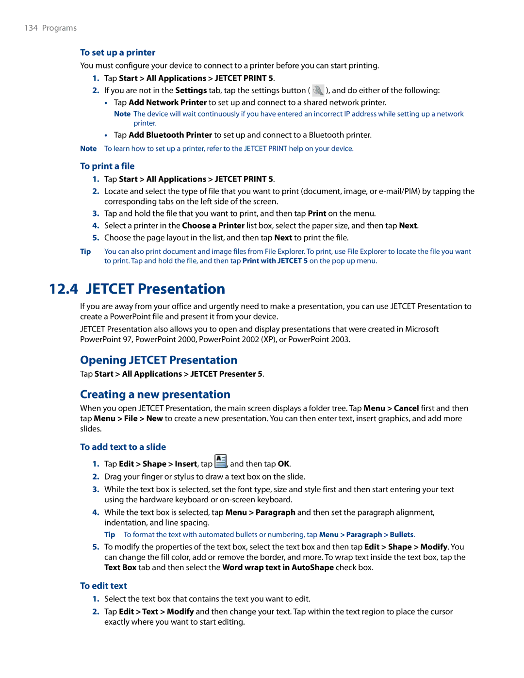 HTC RHOD500 user manual Opening Jetcet Presentation, Creating a new presentation 