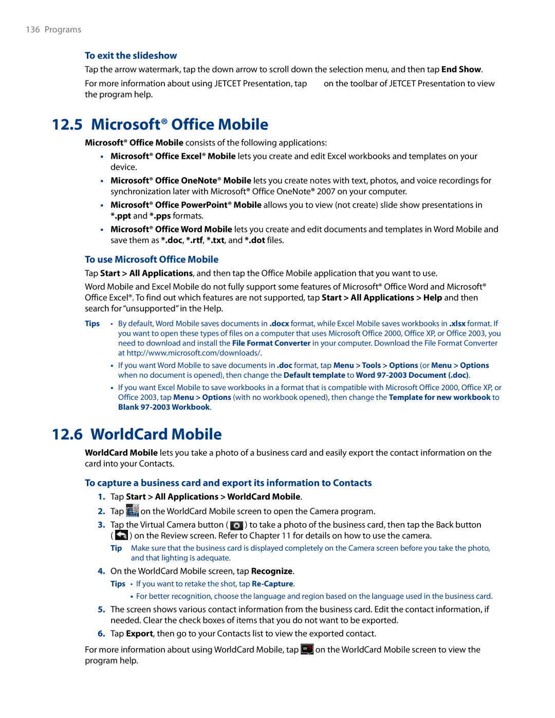 HTC RHOD500 user manual WorldCard Mobile, To exit the slideshow, To use Microsoft Office Mobile 