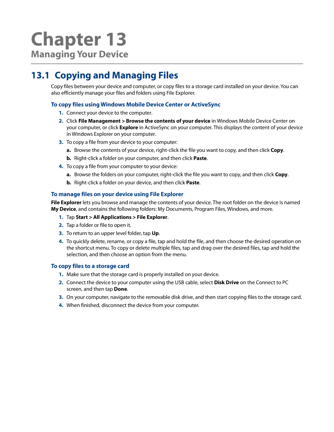 HTC RHOD500 Managing Your Device, Copying and Managing Files, To manage files on your device using File Explorer 