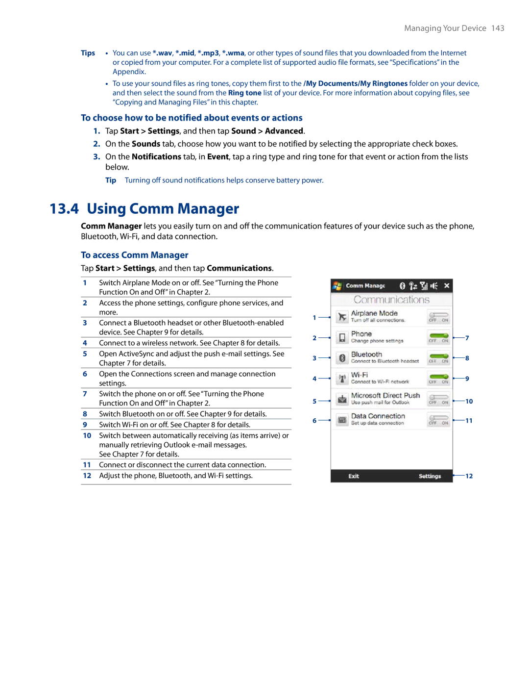 HTC RHOD500 user manual Using Comm Manager, To choose how to be notified about events or actions, To access Comm Manager 