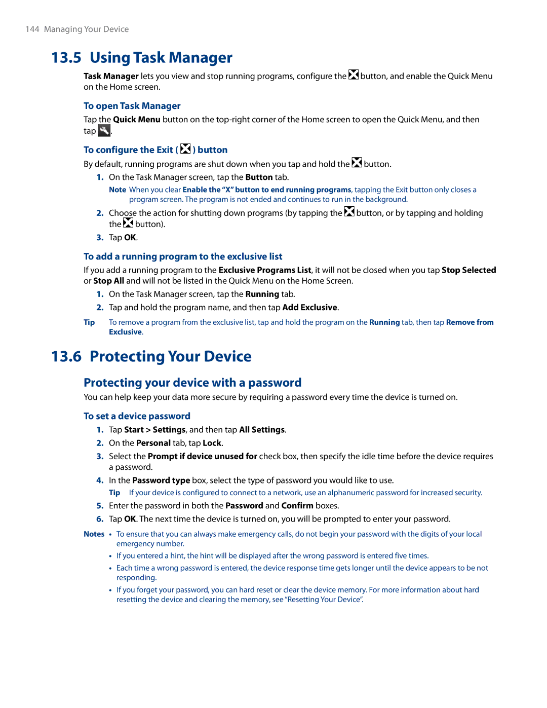 HTC RHOD500 user manual Using Task Manager, Protecting Your Device, Protecting your device with a password 